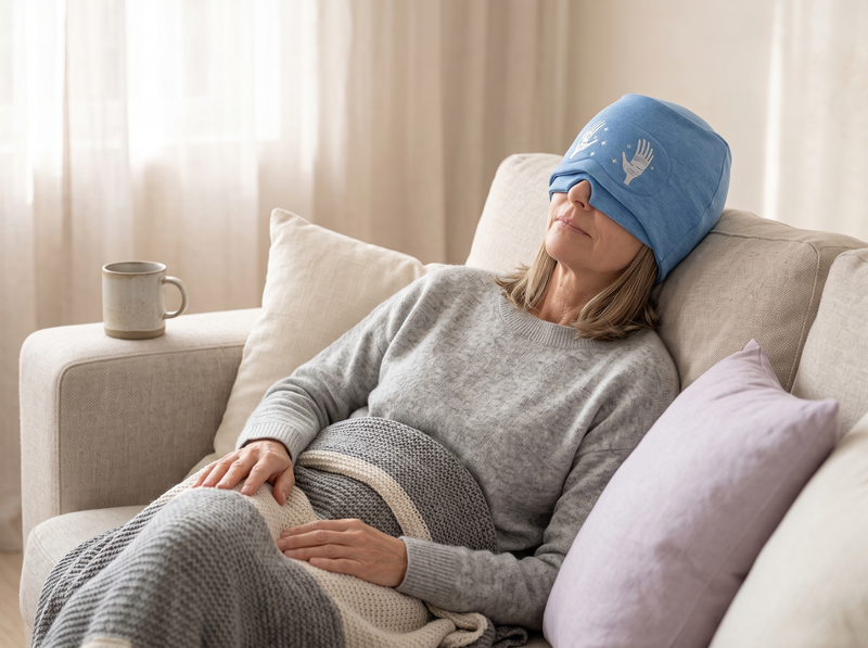 A woman resting on a sofa wearing the Moonwraps cap with the eye cover down.