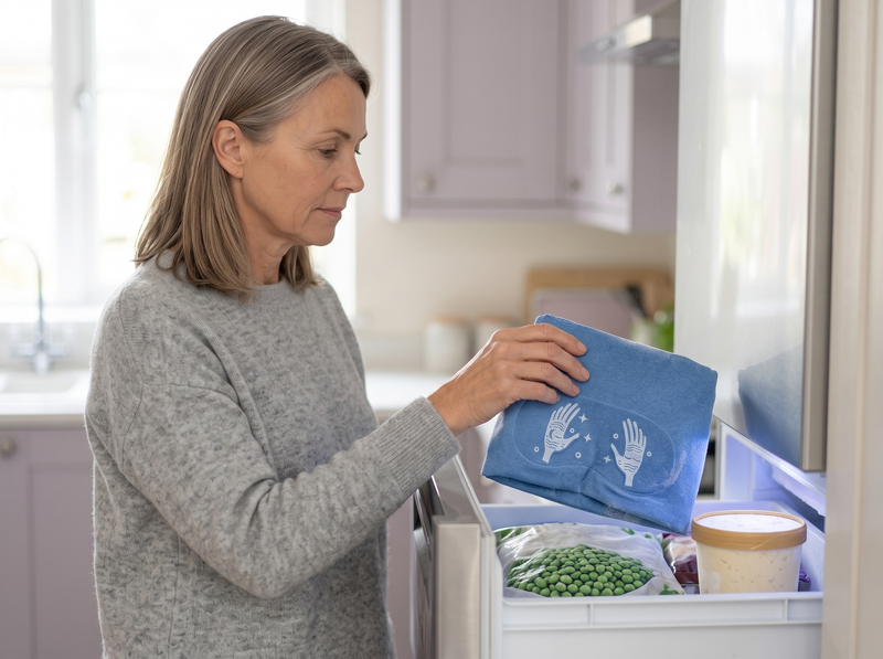 A woman taking the Moonwraps cap out of a freezer drawer.