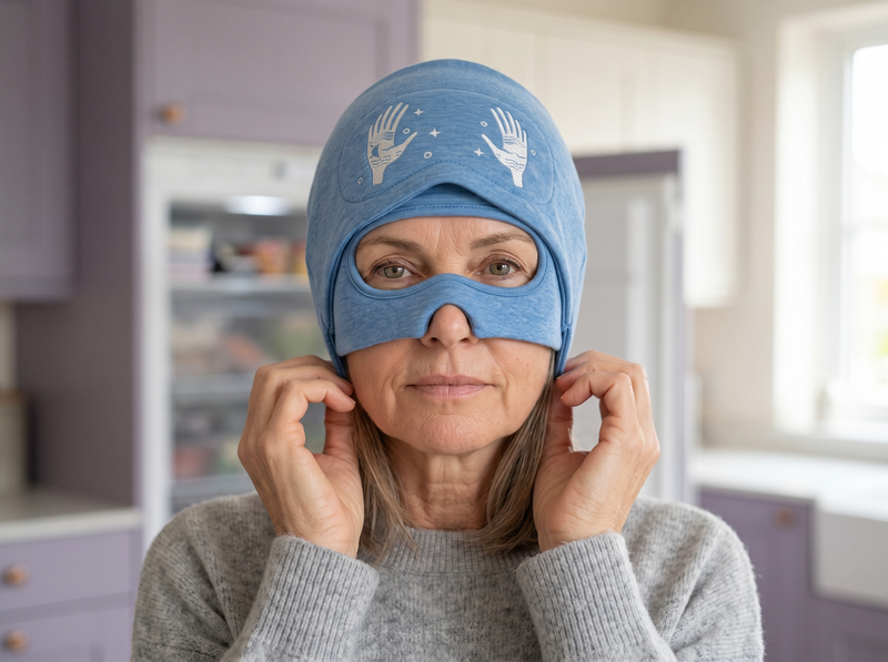 A woman holding the Moonwraps cap at the sides of her face, with the eye cover up and her eyes visible.